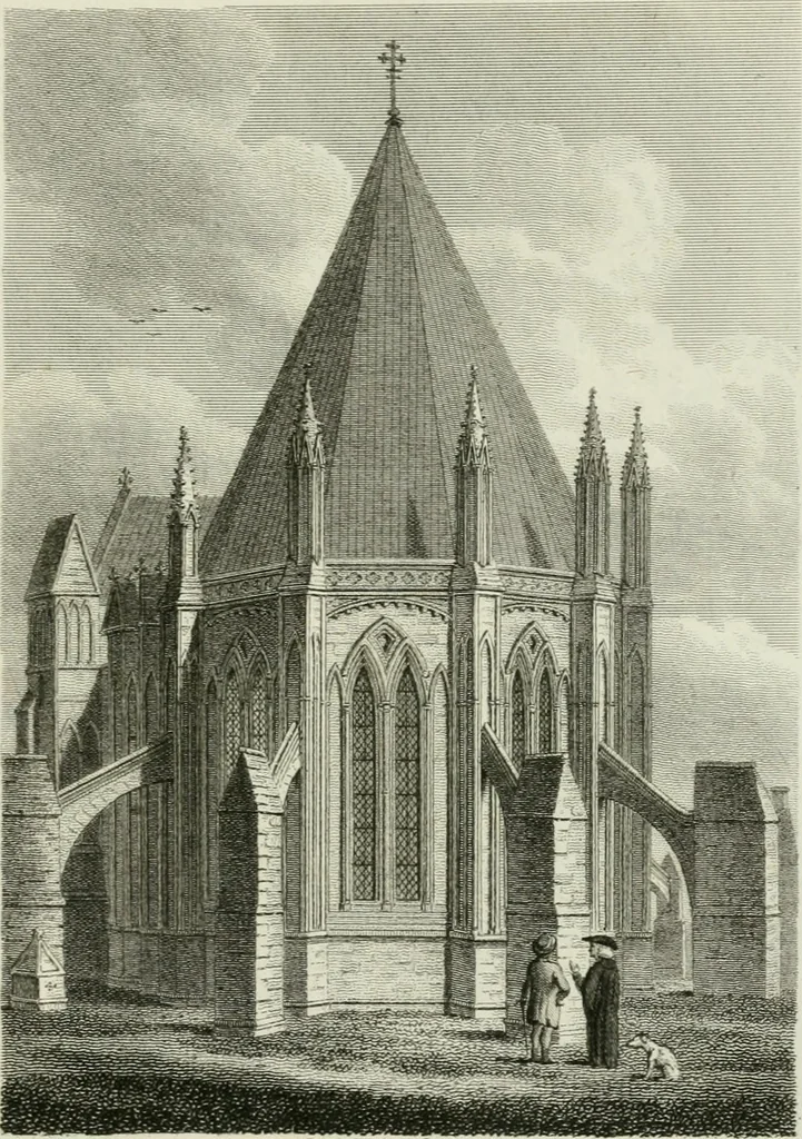 An illustration from History and antiquities of the cathedral churches of Great Britain : illustrated with a series of highly-finished engravings, exhibiting general and particular views, ground plans, and all the architectural features and ornaments in the various styles of building used in our ecclesiastical edifices, 1814, leaf 142