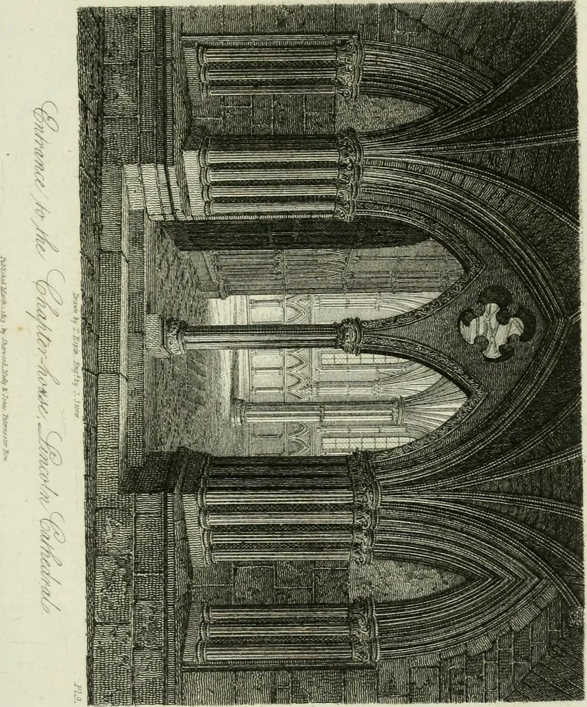 An illustration from History and antiquities of the cathedral churches of Great Britain : illustrated with a series of highly-finished engravings, exhibiting general and particular views, ground plans, and all the architectural features and ornaments in the various styles of building used in our ecclesiastical edifices, 1814, leaf 144