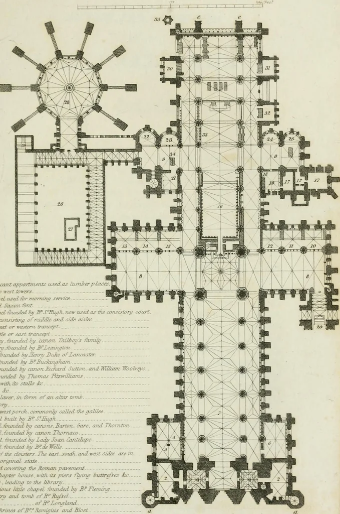An illustration from History and antiquities of the cathedral churches of Great Britain : illustrated with a series of highly-finished engravings, exhibiting general and particular views, ground plans, and all the architectural features and ornaments in the various styles of building used in our ecclesiastical edifices, 1814, leaf 146