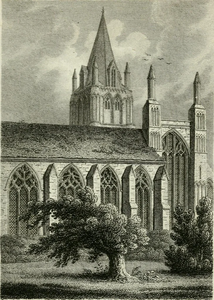 An illustration from History and antiquities of the cathedral churches of Great Britain : illustrated with a series of highly-finished engravings, exhibiting general and particular views, ground plans, and all the architectural features and ornaments in the various styles of building used in our ecclesiastical edifices, 1814, leaf 168