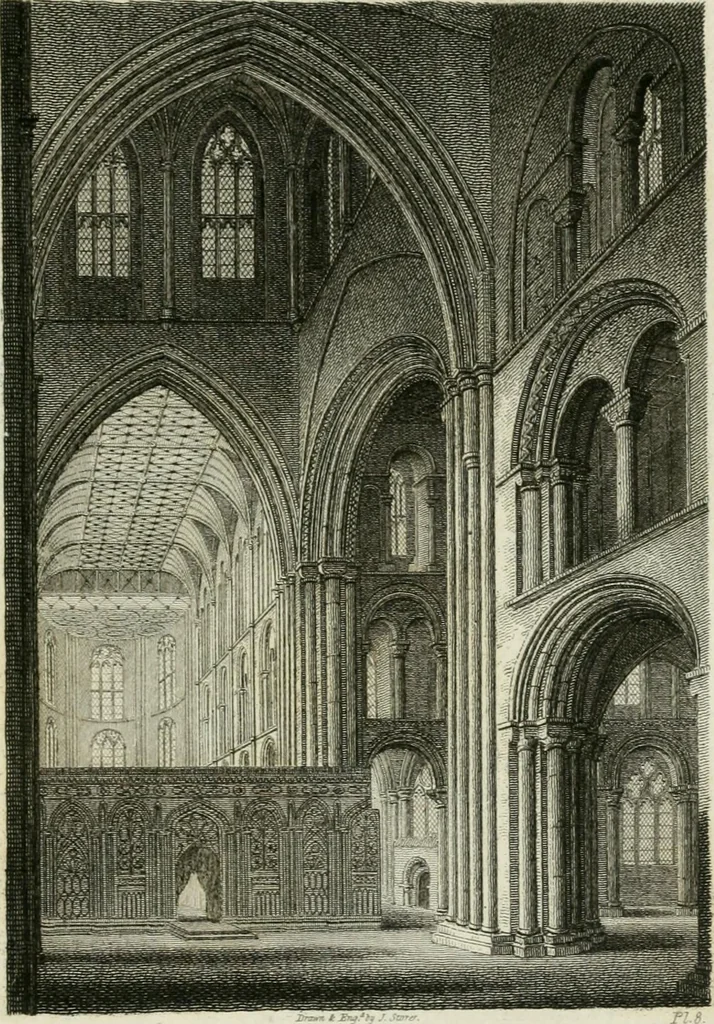 An illustration from History and antiquities of the cathedral churches of Great Britain : illustrated with a series of highly-finished engravings, exhibiting general and particular views, ground plans, and all the architectural features and ornaments in the various styles of building used in our ecclesiastical edifices, 1814, leaf 212