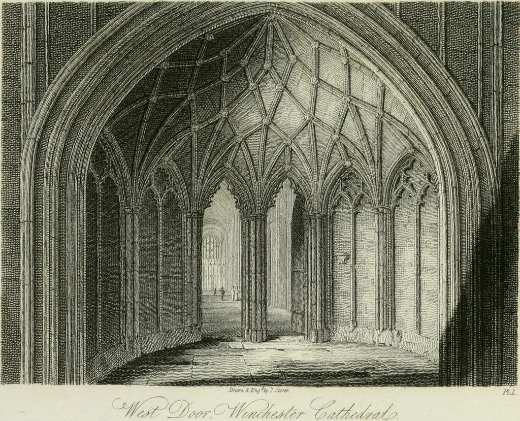 An illustration from History and antiquities of the cathedral churches of Great Britain : illustrated with a series of highly-finished engravings, exhibiting general and particular views, ground plans, and all the architectural features and ornaments in the various styles of building used in our ecclesiastical edifices, 1814, leaf 232