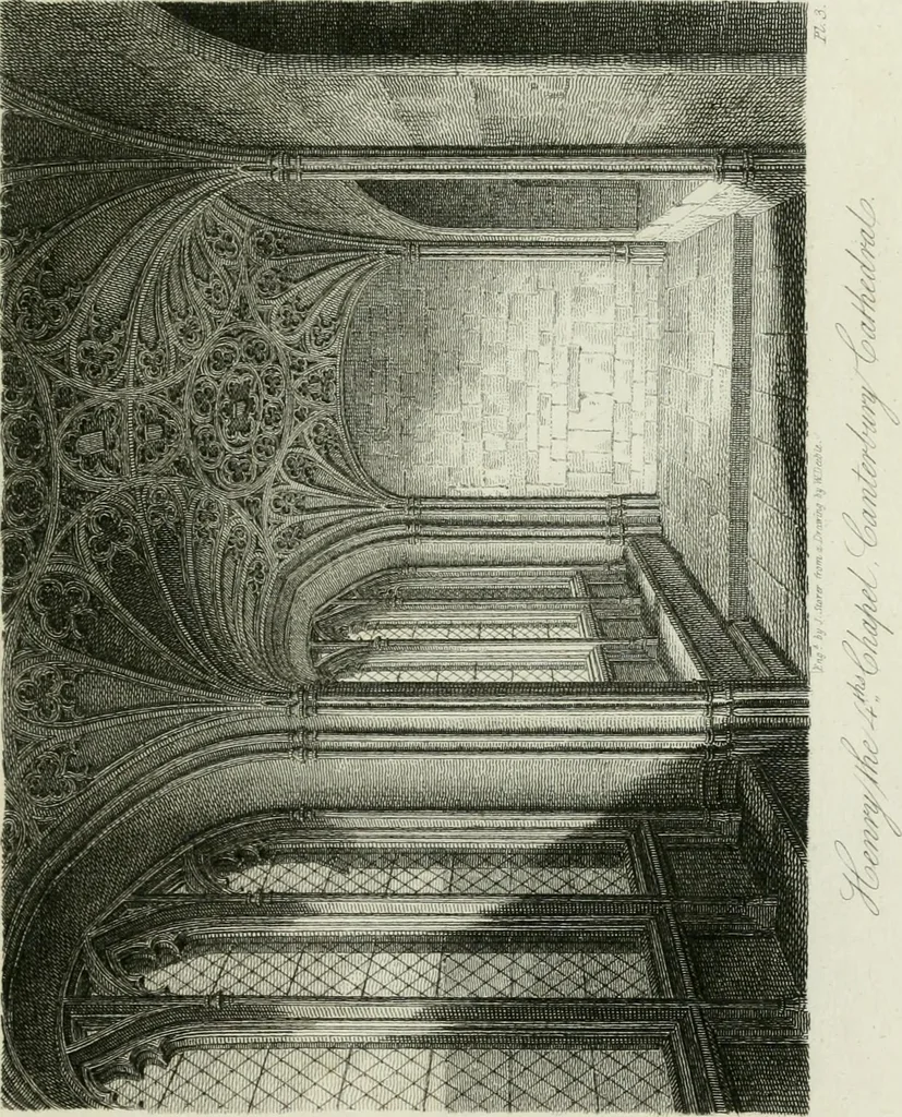 An illustration from History and antiquities of the cathedral churches of Great Britain : illustrated with a series of highly-finished engravings, exhibiting general and particular views, ground plans, and all the architectural features and ornaments in the various styles of building used in our ecclesiastical edifices, 1814, leaf 48