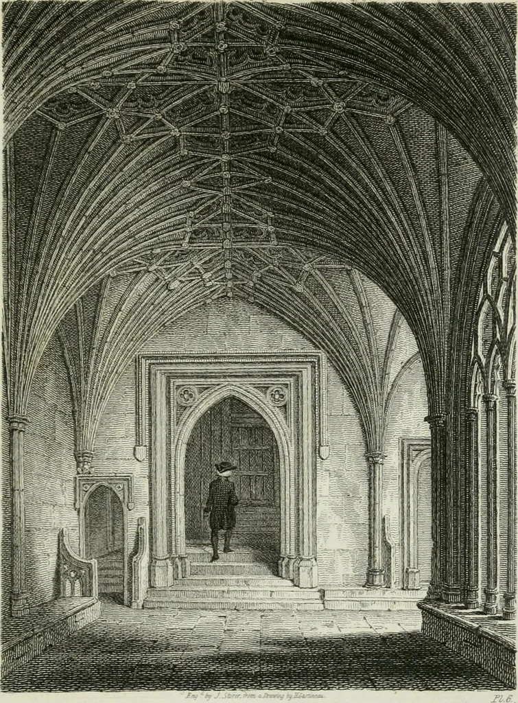 An illustration from History and antiquities of the cathedral churches of Great Britain : illustrated with a series of highly-finished engravings, exhibiting general and particular views, ground plans, and all the architectural features and ornaments in the various styles of building used in our ecclesiastical edifices, 1814, leaf 54