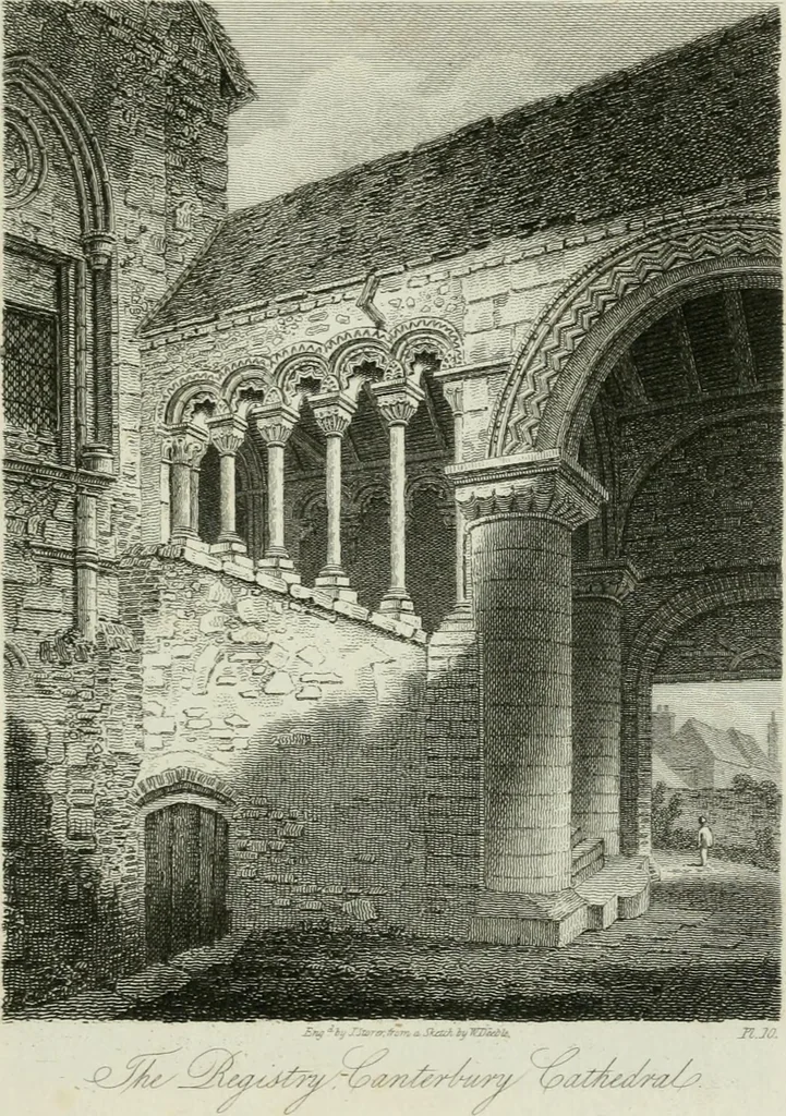 An illustration from History and antiquities of the cathedral churches of Great Britain : illustrated with a series of highly-finished engravings, exhibiting general and particular views, ground plans, and all the architectural features and ornaments in the various styles of building used in our ecclesiastical edifices, 1814, leaf 62