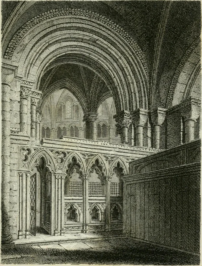 An illustration from History and antiquities of the cathedral churches of Great Britain : illustrated with a series of highly-finished engravings, exhibiting general and particular views, ground plans, and all the architectural features and ornaments in the various styles of building used in our ecclesiastical edifices, 1814, leaf 64