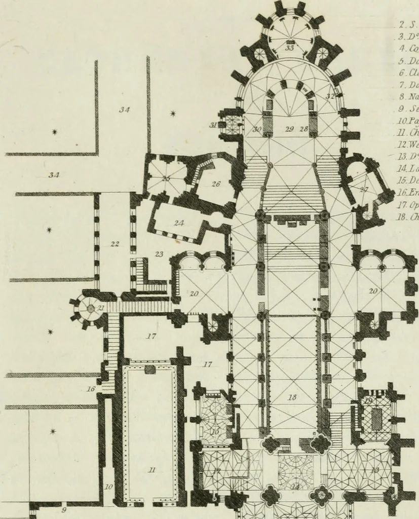 An illustration from History and antiquities of the cathedral churches of Great Britain : illustrated with a series of highly-finished engravings, exhibiting general and particular views, ground plans, and all the architectural features and ornaments in the various styles of building used in our ecclesiastical edifices, 1814, leaf 76