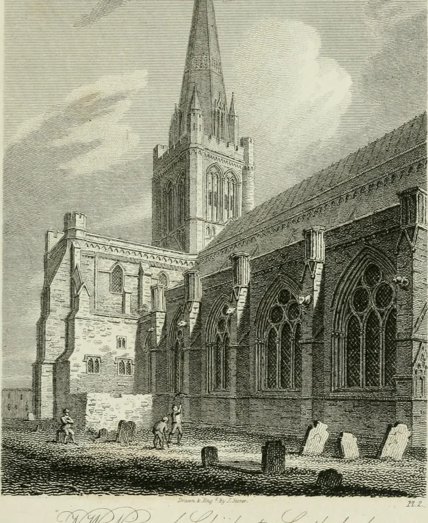 An illustration from History and antiquities of the cathedral churches of Great Britain : illustrated with a series of highly-finished engravings, exhibiting general and particular views, ground plans, and all the architectural features and ornaments in the various styles of building used in our ecclesiastical edifices, 1814, leaf 96