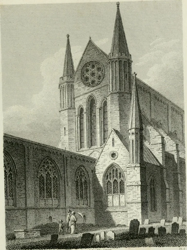 An illustration from History and antiquities of the cathedral churches of Great Britain : illustrated with a series of highly-finished engravings, exhibiting general and particular views, ground plans, and all the architectural features and ornaments in the various styles of building used in our ecclesiastical edifices, 1814, leaf 98