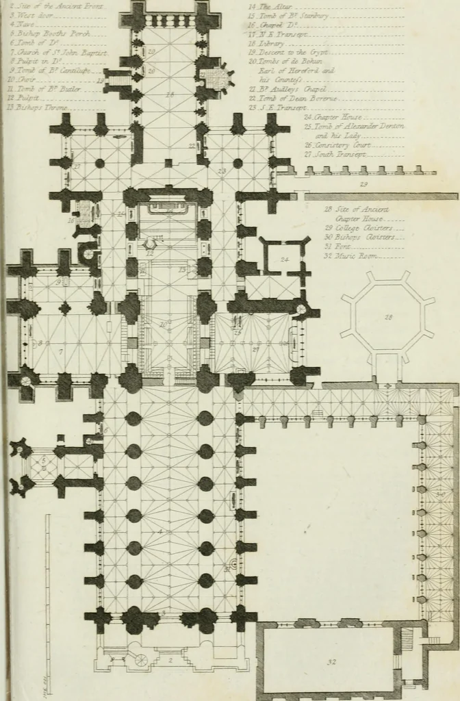 An illustration from History and antiquities of the cathedral churches of Great Britain : illustrated with a series of highly-finished engravings, exhibiting general and particular views, ground plans, and all the architectural features and ornaments in the various styles of building used in our ecclesiastical edifices, 1814, leaf 110