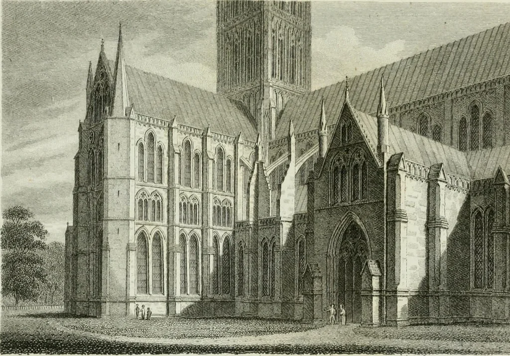 An illustration from History and antiquities of the cathedral churches of Great Britain : illustrated with a series of highly-finished engravings, exhibiting general and particular views, ground plans, and all the architectural features and ornaments in the various styles of building used in our ecclesiastical edifices, 1814, leaf 130