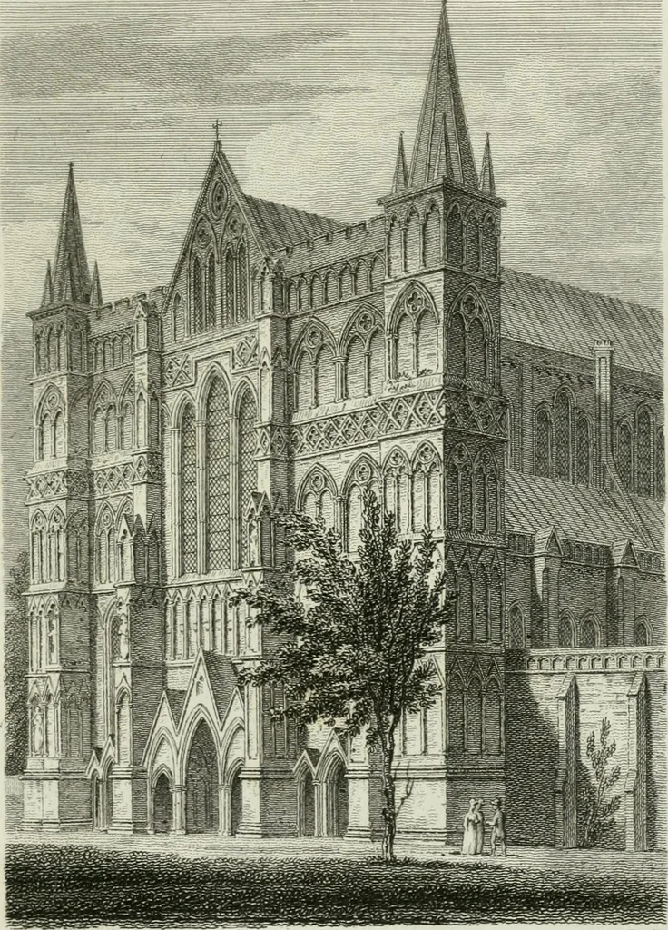 An illustration from History and antiquities of the cathedral churches of Great Britain : illustrated with a series of highly-finished engravings, exhibiting general and particular views, ground plans, and all the architectural features and ornaments in the various styles of building used in our ecclesiastical edifices, 1814, leaf 136