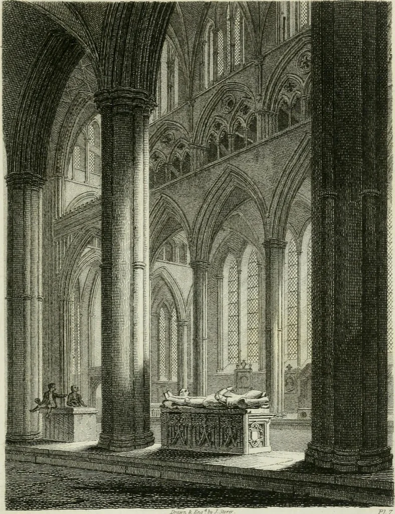 An illustration from History and antiquities of the cathedral churches of Great Britain : illustrated with a series of highly-finished engravings, exhibiting general and particular views, ground plans, and all the architectural features and ornaments in the various styles of building used in our ecclesiastical edifices, 1814, leaf 140