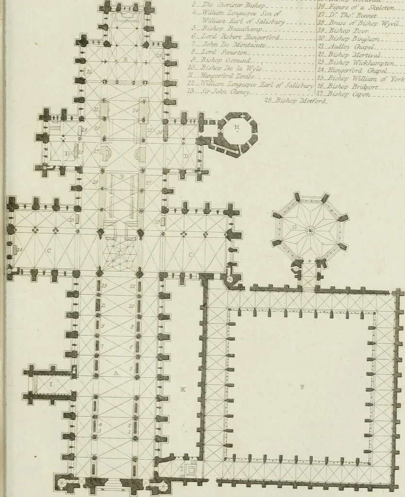 An illustration from History and antiquities of the cathedral churches of Great Britain : illustrated with a series of highly-finished engravings, exhibiting general and particular views, ground plans, and all the architectural features and ornaments in the various styles of building used in our ecclesiastical edifices, 1814, leaf 144