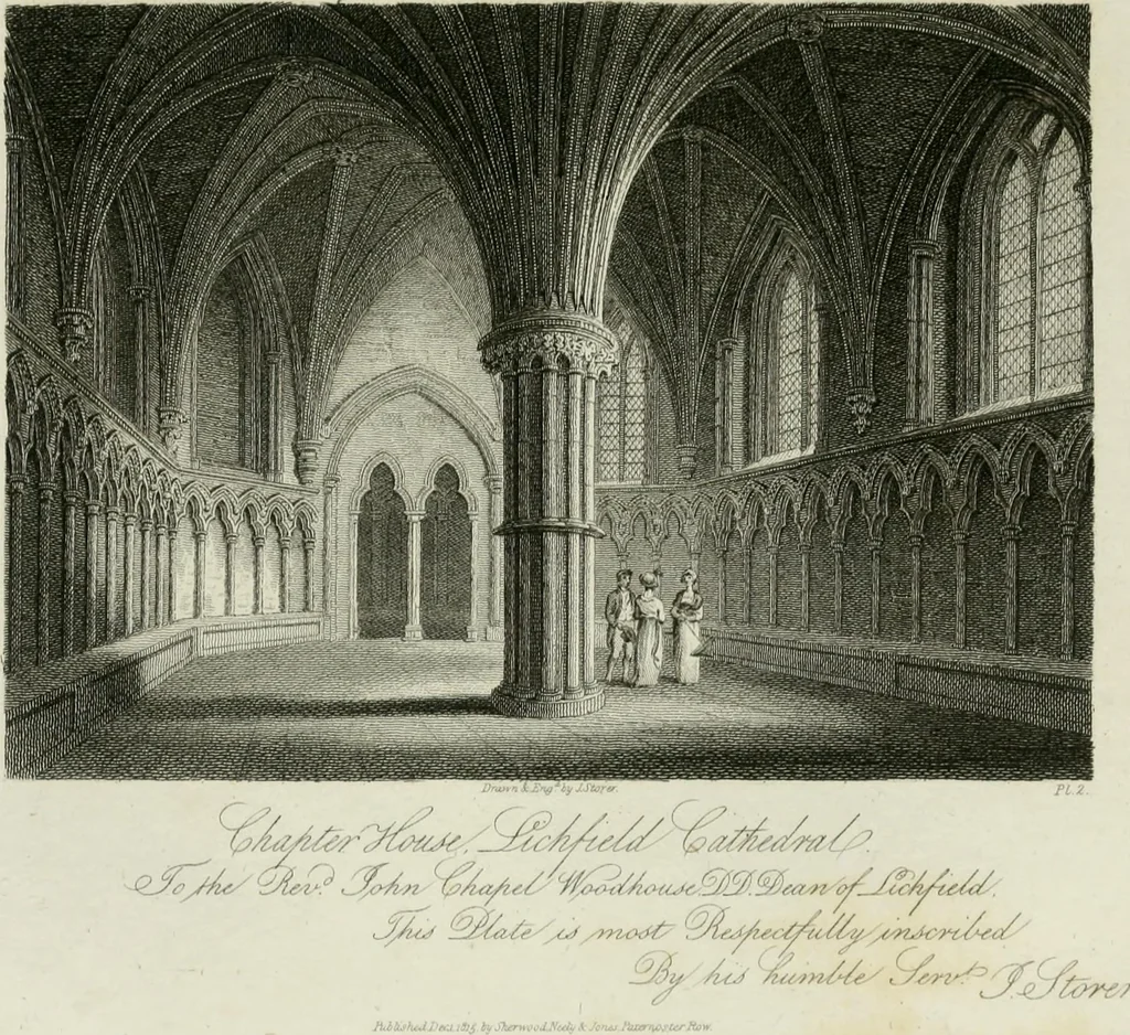 An illustration from History and antiquities of the cathedral churches of Great Britain : illustrated with a series of highly-finished engravings, exhibiting general and particular views, ground plans, and all the architectural features and ornaments in the various styles of building used in our ecclesiastical edifices, 1814, leaf 164