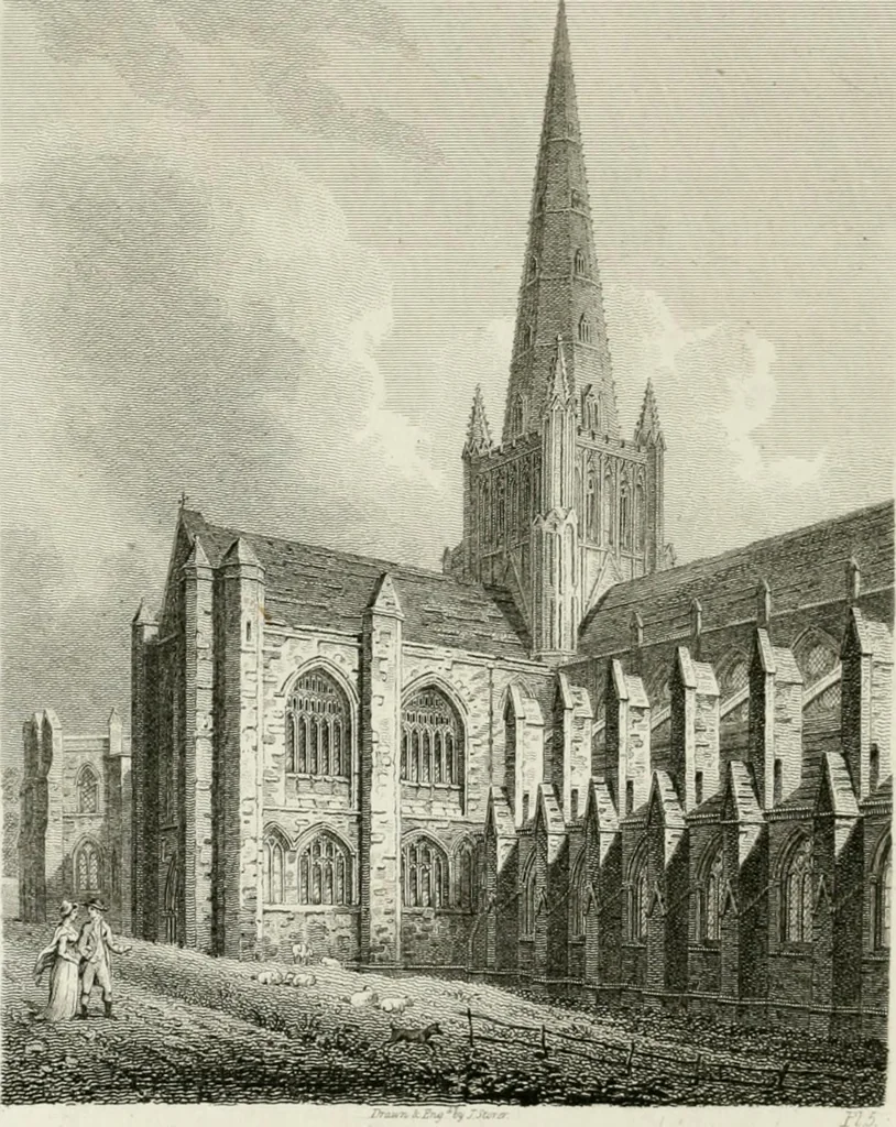 An illustration from History and antiquities of the cathedral churches of Great Britain : illustrated with a series of highly-finished engravings, exhibiting general and particular views, ground plans, and all the architectural features and ornaments in the various styles of building used in our ecclesiastical edifices, 1814, leaf 171