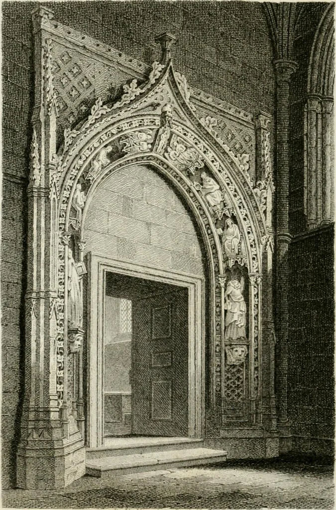An illustration from History and antiquities of the cathedral churches of Great Britain : illustrated with a series of highly-finished engravings, exhibiting general and particular views, ground plans, and all the architectural features and ornaments in the various styles of building used in our ecclesiastical edifices, 1814, leaf 201