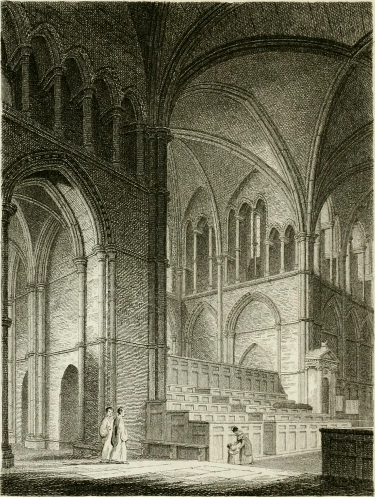 An illustration from History and antiquities of the cathedral churches of Great Britain : illustrated with a series of highly-finished engravings, exhibiting general and particular views, ground plans, and all the architectural features and ornaments in the various styles of building used in our ecclesiastical edifices, 1814, leaf 209