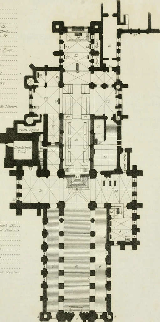 An illustration from History and antiquities of the cathedral churches of Great Britain : illustrated with a series of highly-finished engravings, exhibiting general and particular views, ground plans, and all the architectural features and ornaments in the various styles of building used in our ecclesiastical edifices, 1814, leaf 212