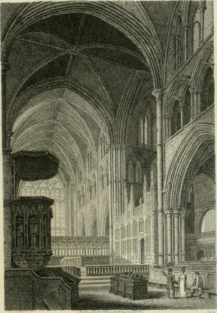 An illustration from History and antiquities of the cathedral churches of Great Britain : illustrated with a series of highly-finished engravings, exhibiting general and particular views, ground plans, and all the architectural features and ornaments in the various styles of building used in our ecclesiastical edifices, 1814, leaf 244