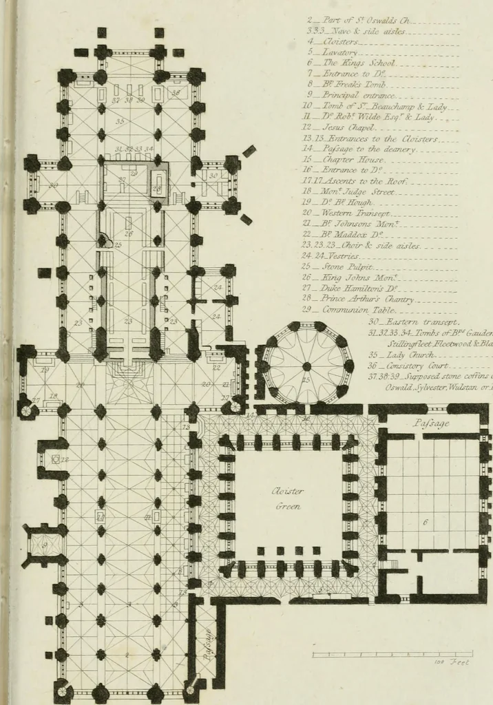 An illustration from History and antiquities of the cathedral churches of Great Britain : illustrated with a series of highly-finished engravings, exhibiting general and particular views, ground plans, and all the architectural features and ornaments in the various styles of building used in our ecclesiastical edifices, 1814, leaf 246