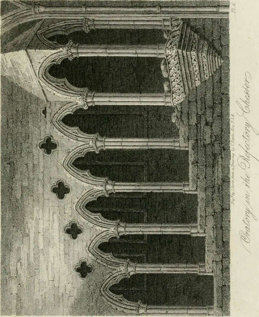An illustration from History and antiquities of the cathedral churches of Great Britain : illustrated with a series of highly-finished engravings, exhibiting general and particular views, ground plans, and all the architectural features and ornaments in the various styles of building used in our ecclesiastical edifices, 1814, leaf 36