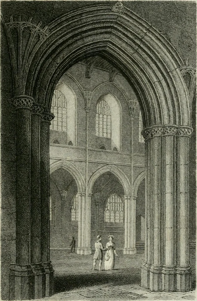 An illustration from History and antiquities of the cathedral churches of Great Britain : illustrated with a series of highly-finished engravings, exhibiting general and particular views, ground plans, and all the architectural features and ornaments in the various styles of building used in our ecclesiastical edifices, 1814, leaf 40