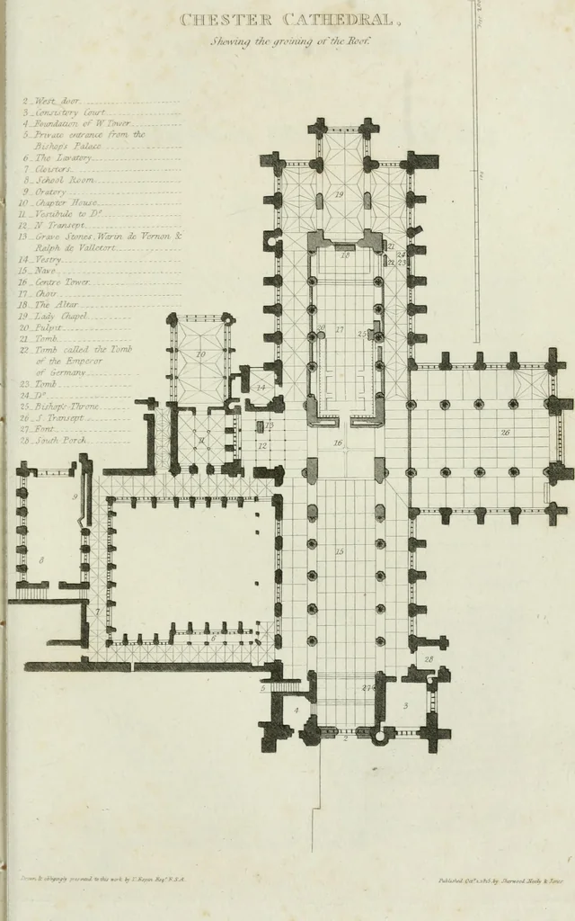 An illustration from History and antiquities of the cathedral churches of Great Britain : illustrated with a series of highly-finished engravings, exhibiting general and particular views, ground plans, and all the architectural features and ornaments in the various styles of building used in our ecclesiastical edifices, 1814, leaf 42