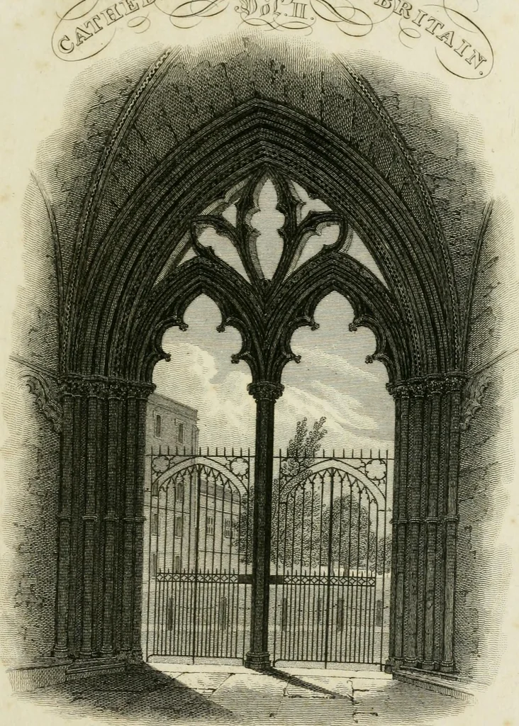 An illustration from History and antiquities of the cathedral churches of Great Britain : illustrated with a series of highly-finished engravings, exhibiting general and particular views, ground plans, and all the architectural features and ornaments in the various styles of building used in our ecclesiastical edifices, 1814, leaf 6