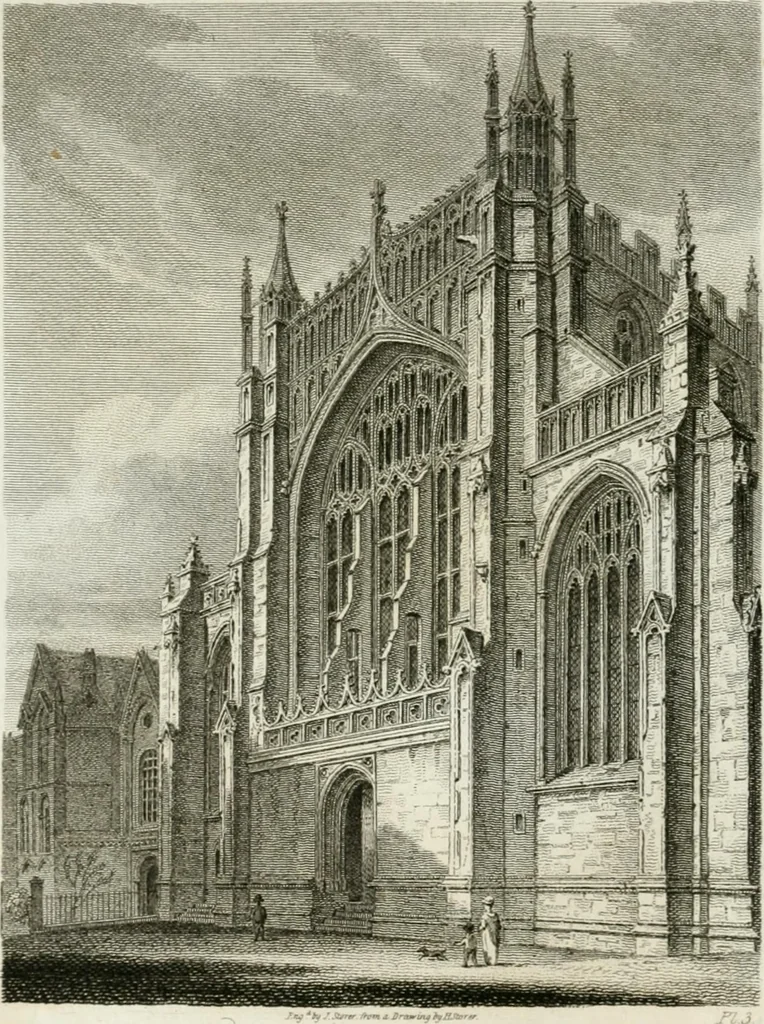 An illustration from History and antiquities of the cathedral churches of Great Britain : illustrated with a series of highly-finished engravings, exhibiting general and particular views, ground plans, and all the architectural features and ornaments in the various styles of building used in our ecclesiastical edifices, 1814, leaf 65