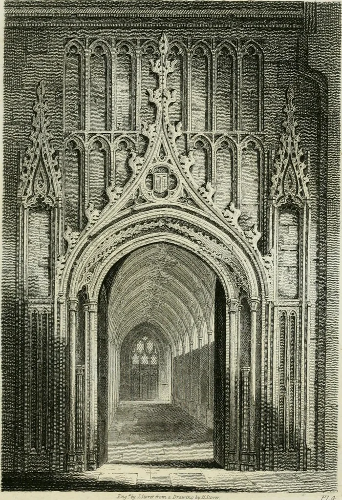 An illustration from History and antiquities of the cathedral churches of Great Britain : illustrated with a series of highly-finished engravings, exhibiting general and particular views, ground plans, and all the architectural features and ornaments in the various styles of building used in our ecclesiastical edifices, 1814, leaf 66