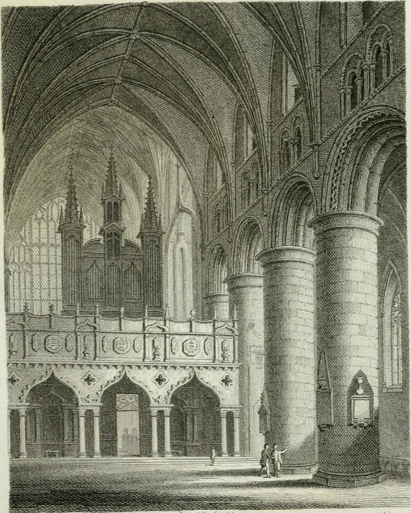 An illustration from History and antiquities of the cathedral churches of Great Britain : illustrated with a series of highly-finished engravings, exhibiting general and particular views, ground plans, and all the architectural features and ornaments in the various styles of building used in our ecclesiastical edifices, 1814, leaf 74