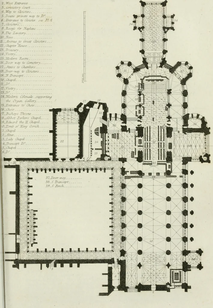 An illustration from History and antiquities of the cathedral churches of Great Britain : illustrated with a series of highly-finished engravings, exhibiting general and particular views, ground plans, and all the architectural features and ornaments in the various styles of building used in our ecclesiastical edifices, 1814, leaf 76