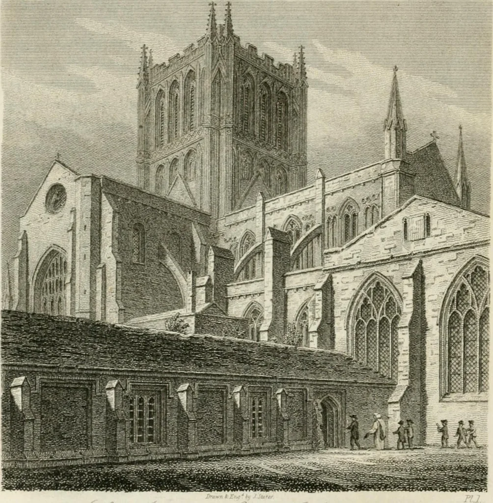 An illustration from History and antiquities of the cathedral churches of Great Britain : illustrated with a series of highly-finished engravings, exhibiting general and particular views, ground plans, and all the architectural features and ornaments in the various styles of building used in our ecclesiastical edifices, 1814, leaf 95