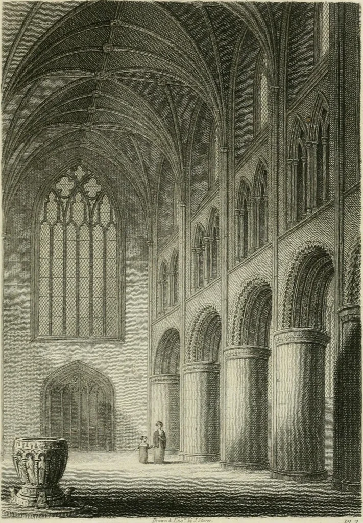 An illustration from History and antiquities of the cathedral churches of Great Britain : illustrated with a series of highly-finished engravings, exhibiting general and particular views, ground plans, and all the architectural features and ornaments in the various styles of building used in our ecclesiastical edifices, 1814, leaf 96