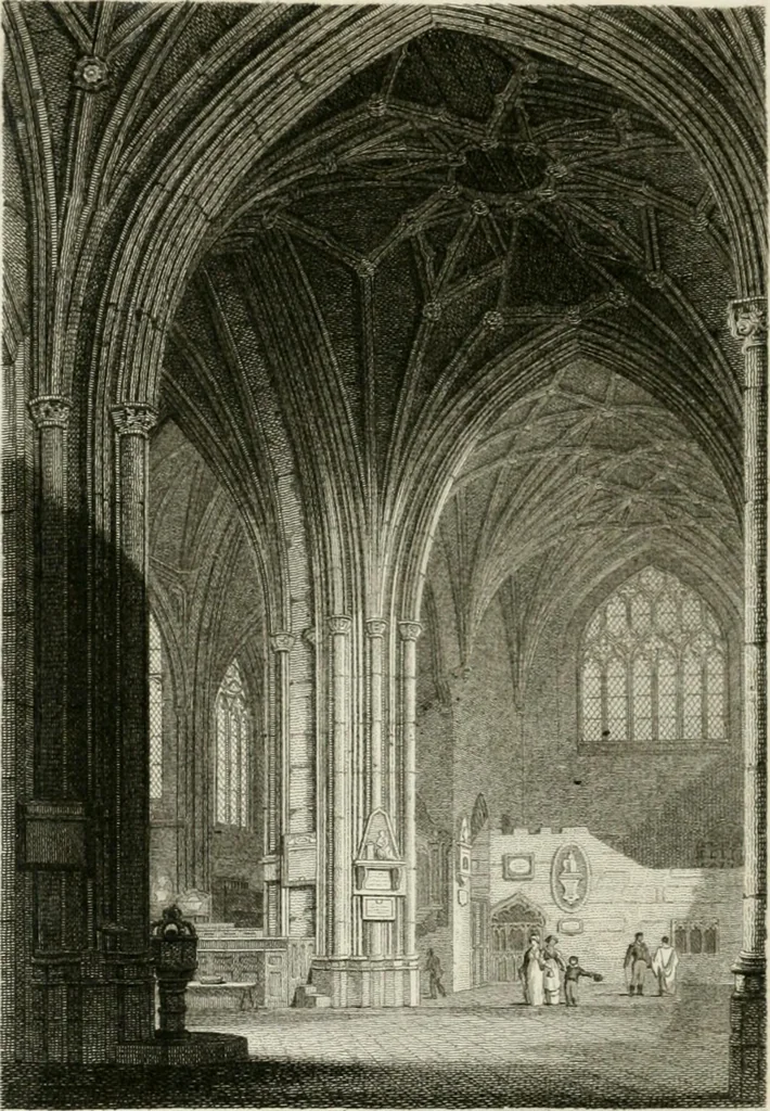 An illustration from History and antiquities of the cathedral churches of Great Britain : illustrated with a series of highly-finished engravings, exhibiting general and particular views, ground plans, and all the architectural features and ornaments in the various styles of building used in our ecclesiastical edifices, 1814, leaf 133
