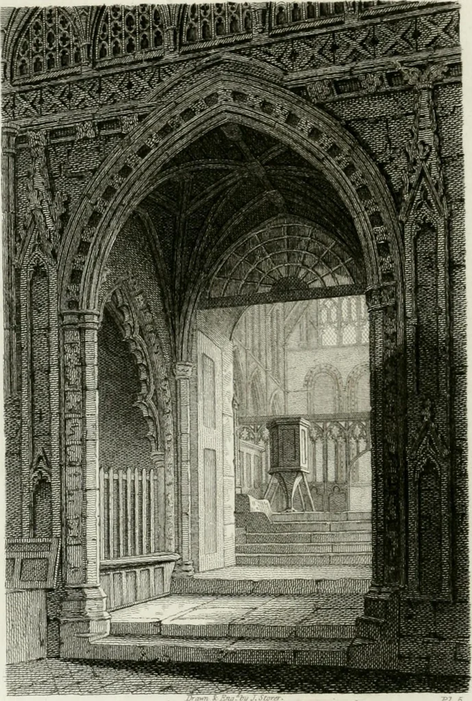 An illustration from History and antiquities of the cathedral churches of Great Britain : illustrated with a series of highly-finished engravings, exhibiting general and particular views, ground plans, and all the architectural features and ornaments in the various styles of building used in our ecclesiastical edifices, 1814, leaf 171