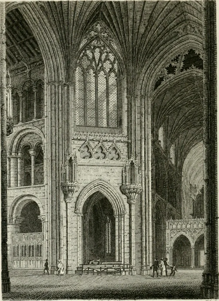 An illustration from History and antiquities of the cathedral churches of Great Britain : illustrated with a series of highly-finished engravings, exhibiting general and particular views, ground plans, and all the architectural features and ornaments in the various styles of building used in our ecclesiastical edifices, 1814, leaf 239