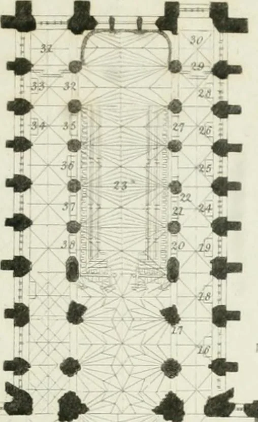 An illustration from History and antiquities of the cathedral churches of Great Britain : illustrated with a series of highly-finished engravings, exhibiting general and particular views, ground plans, and all the architectural features and ornaments in the various styles of building used in our ecclesiastical edifices, 1814, leaf 246