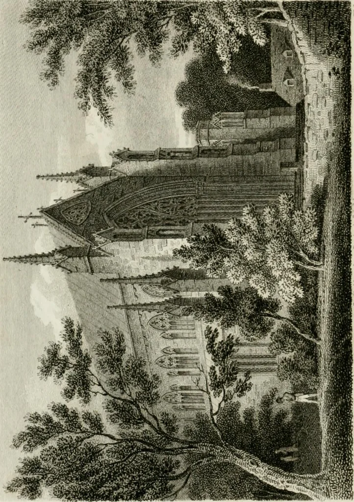 An illustration from History and antiquities of the cathedral churches of Great Britain : illustrated with a series of highly-finished engravings, exhibiting general and particular views, ground plans, and all the architectural features and ornaments in the various styles of building used in our ecclesiastical edifices, 1814, leaf 27