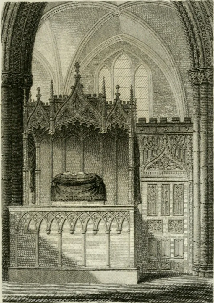 An illustration from History and antiquities of the cathedral churches of Great Britain : illustrated with a series of highly-finished engravings, exhibiting general and particular views, ground plans, and all the architectural features and ornaments in the various styles of building used in our ecclesiastical edifices, 1814, leaf 32