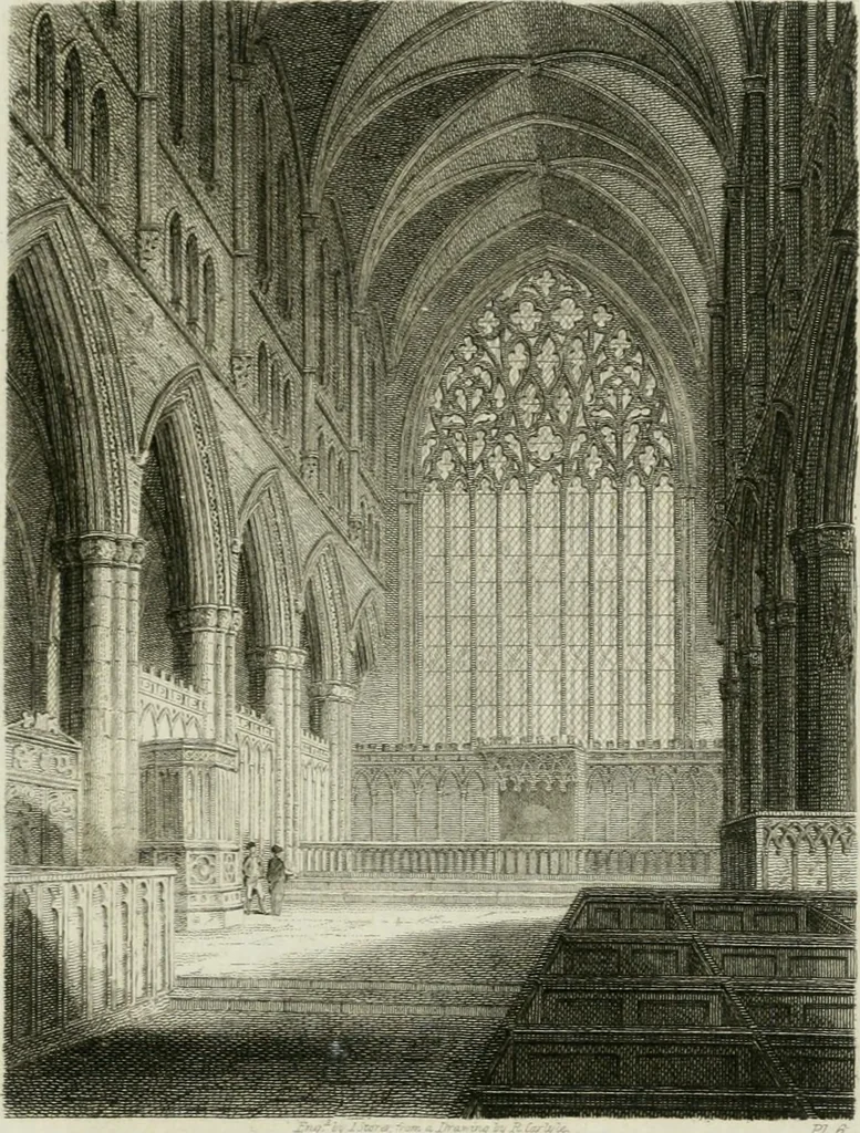 An illustration from History and antiquities of the cathedral churches of Great Britain : illustrated with a series of highly-finished engravings, exhibiting general and particular views, ground plans, and all the architectural features and ornaments in the various styles of building used in our ecclesiastical edifices, 1814, leaf 36