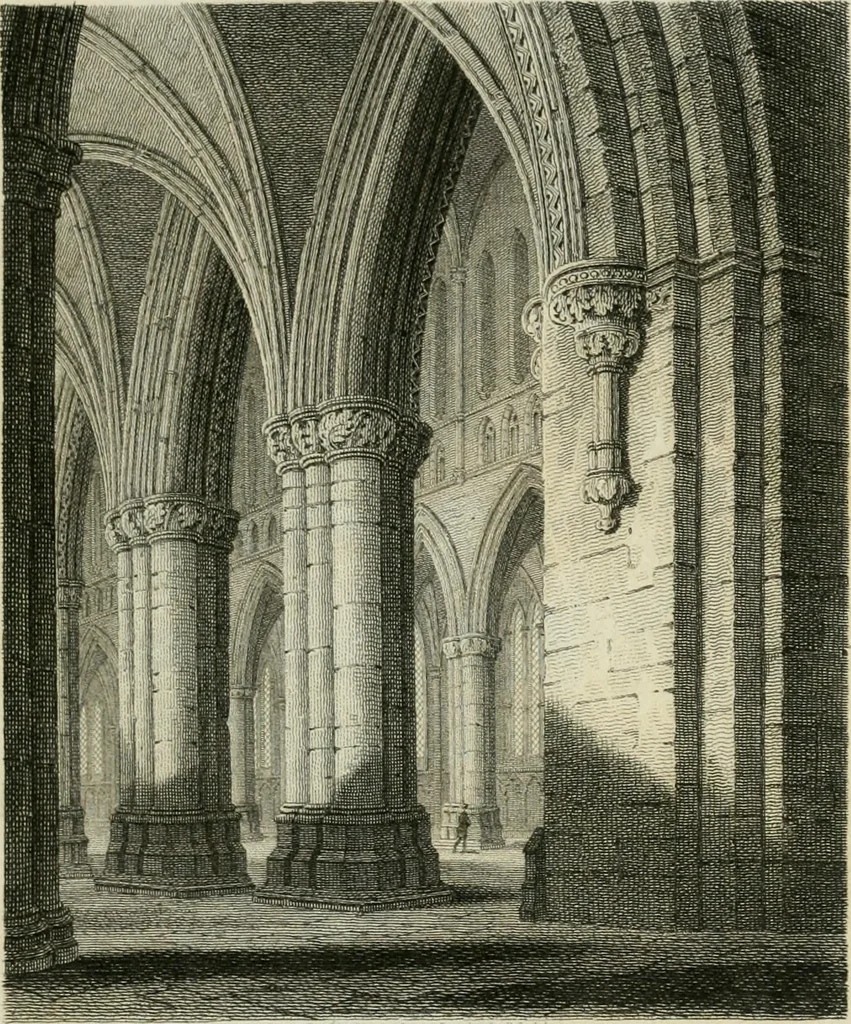 An illustration from History and antiquities of the cathedral churches of Great Britain : illustrated with a series of highly-finished engravings, exhibiting general and particular views, ground plans, and all the architectural features and ornaments in the various styles of building used in our ecclesiastical edifices, 1814, leaf 40