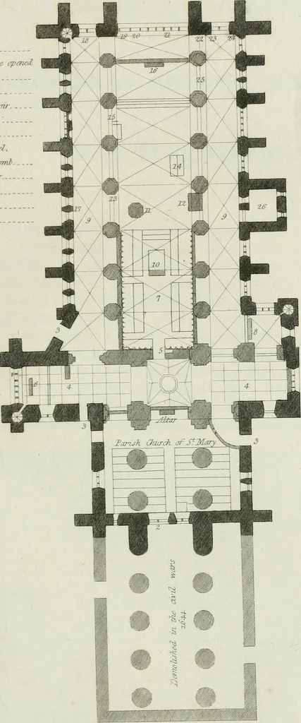 An illustration from History and antiquities of the cathedral churches of Great Britain : illustrated with a series of highly-finished engravings, exhibiting general and particular views, ground plans, and all the architectural features and ornaments in the various styles of building used in our ecclesiastical edifices, 1814, leaf 42