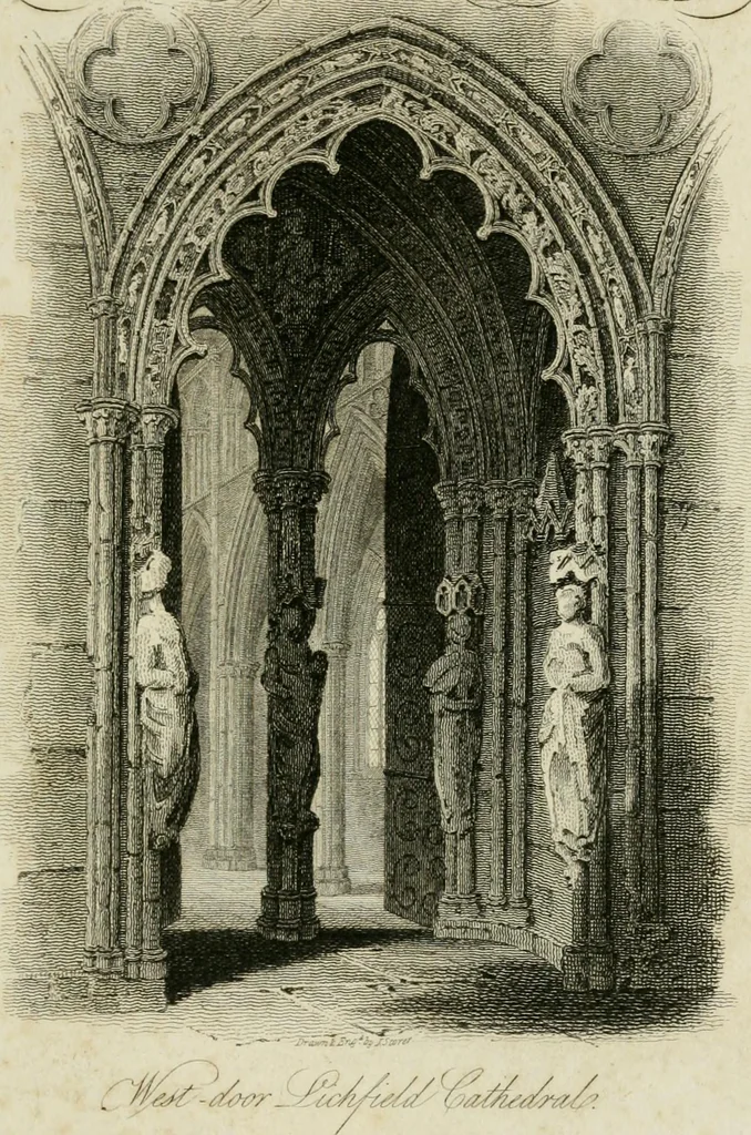 An illustration from History and antiquities of the cathedral churches of Great Britain : illustrated with a series of highly-finished engravings, exhibiting general and particular views, ground plans, and all the architectural features and ornaments in the various styles of building used in our ecclesiastical edifices, 1814, leaf 6