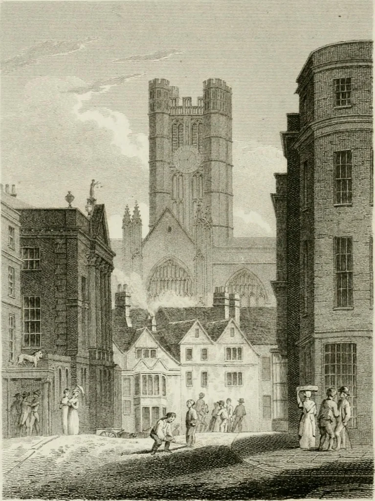 An illustration from History and antiquities of the cathedral churches of Great Britain : illustrated with a series of highly-finished engravings, exhibiting general and particular views, ground plans, and all the architectural features and ornaments in the various styles of building used in our ecclesiastical edifices, 1814, leaf 61
