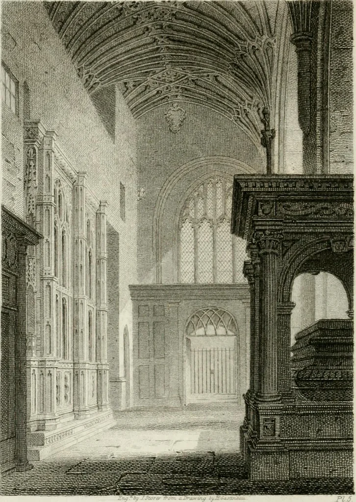An illustration from History and antiquities of the cathedral churches of Great Britain : illustrated with a series of highly-finished engravings, exhibiting general and particular views, ground plans, and all the architectural features and ornaments in the various styles of building used in our ecclesiastical edifices, 1814, leaf 69