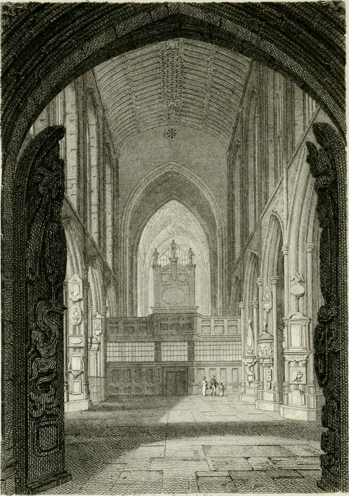 An illustration from History and antiquities of the cathedral churches of Great Britain : illustrated with a series of highly-finished engravings, exhibiting general and particular views, ground plans, and all the architectural features and ornaments in the various styles of building used in our ecclesiastical edifices, 1814, leaf 73