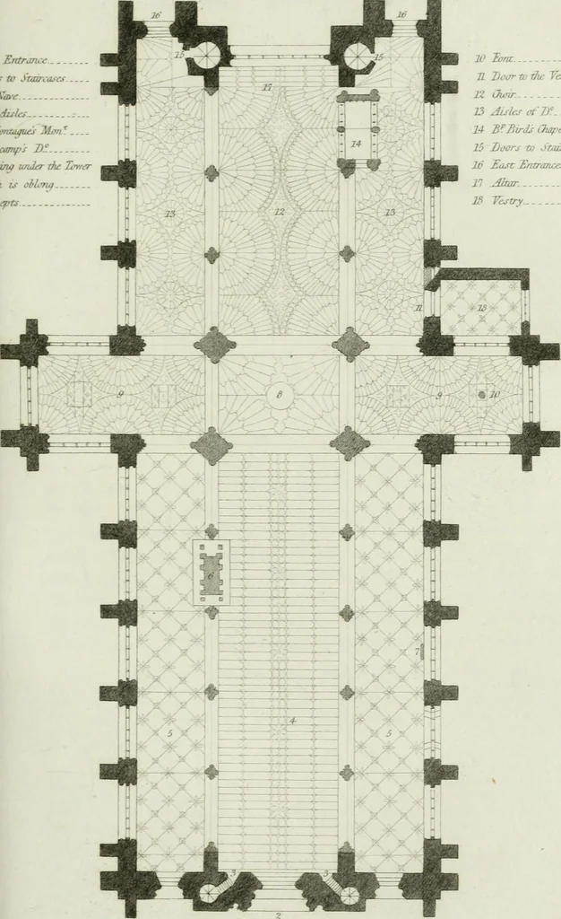 An illustration from History and antiquities of the cathedral churches of Great Britain : illustrated with a series of highly-finished engravings, exhibiting general and particular views, ground plans, and all the architectural features and ornaments in the various styles of building used in our ecclesiastical edifices, 1814, leaf 76