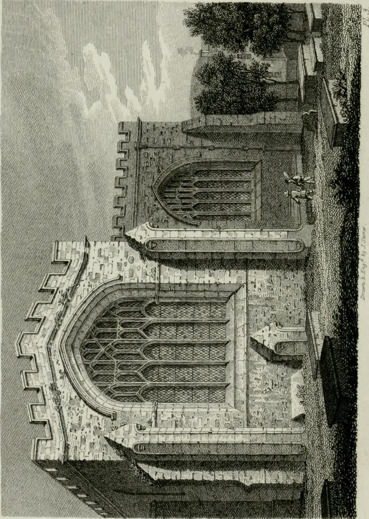 An illustration from History and antiquities of the cathedral churches of Great Britain : illustrated with a series of highly-finished engravings, exhibiting general and particular views, ground plans, and all the architectural features and ornaments in the various styles of building used in our ecclesiastical edifices, 1814, leaf 101